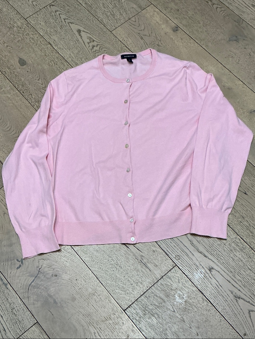 Woman’s Lands’End baby pink cardigan. XL. Mother of pearl buttons. Gently worn!